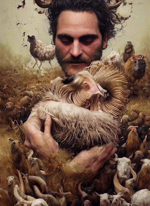 Prompt: a hyper detailed painting of joaquin phoenix surrounded by animals, cow horns, pig nose, sheep wool, chicken feather, horror, by anna podedworna, by miklos ligeti, by diego maricato, by taran fiddler, by antonino truisi, by chris reddie, by jinsung lim, trending on artstation