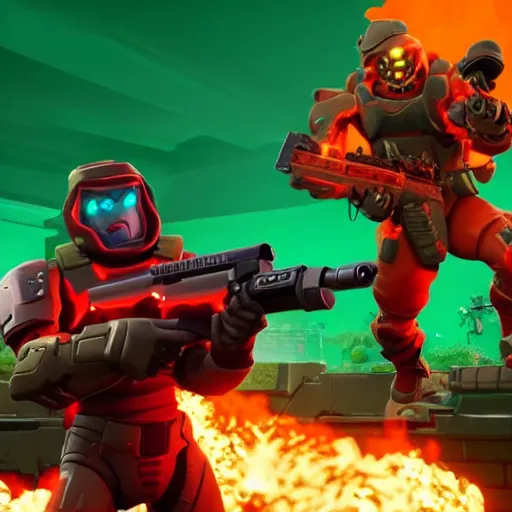 Image similar to doomguy in the fortnite, doom x fortnite collab, screenshot