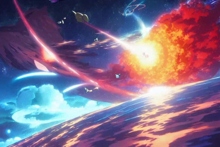 Image similar to Tonemapped Anime character splitting a gas giant in half like Moses with the Red Sea, while a pack of Space whales fly through an interdimensional rift! in the background by (Hiromu Arakawa), Makoto Shinkai and (Cain Kuga)