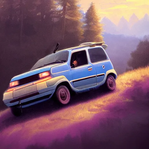 Image similar to blue fiat panda riding in mountains, dramatic light, clouds, artstation, hyper realistic, simon stalenhag