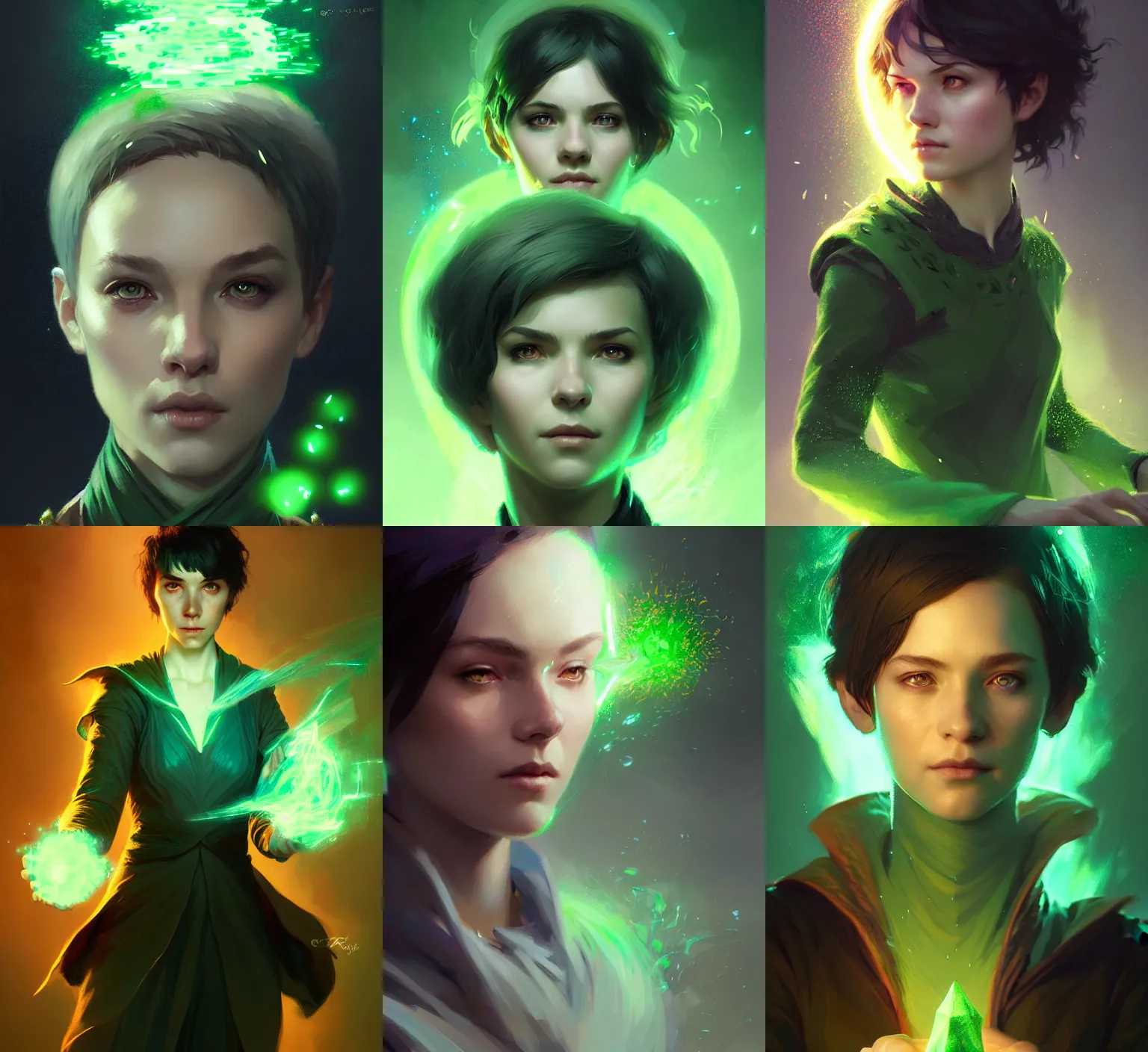 Prompt: Portrait of young female sorcerer, D&D fantasy, short green bobcut, magic particles in the air, stern expression, intricate, highly detailed, digital painting, artstation, concept art, sharp focus, illustration, art by greg rutkowski and Ross Tran