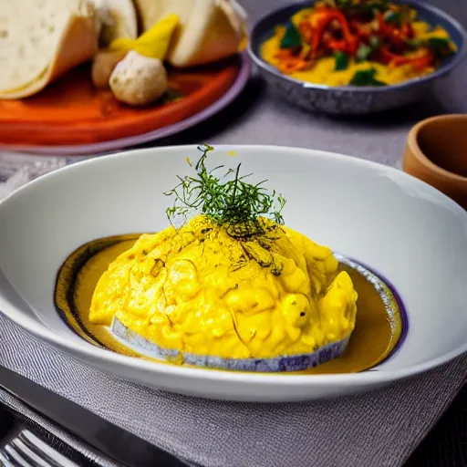 Image similar to aji de gallina, garnish, trendy, elegant, michelin star restaurant, award winning photo, food photography, 4 k