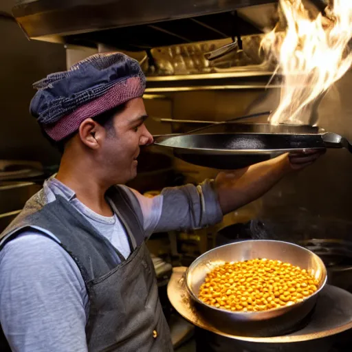 Image similar to karlos arguinano wearing a chef's hat cooking some lentils in hell