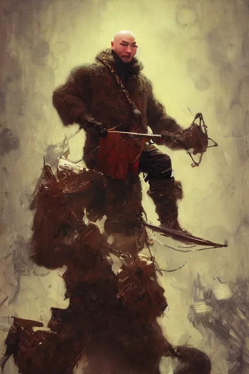 Image similar to creative bald kazakh guy with a short beard, painted by ruan jia, raymond swanland, lawrence alma tadema, zdzislaw beksinski, norman rockwell, jack kirby, tom lovell, alex malveda, greg staples