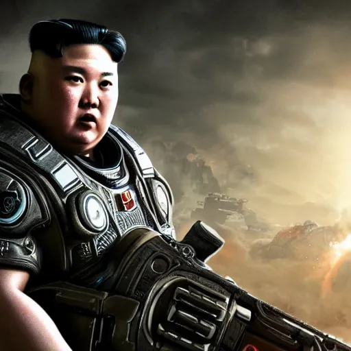 Image similar to kim - jong un in gears of war, splash art, movie still, detailed face, cinematic lighting, dramatic, octane render, long lens, shallow depth of field, bokeh, anamorphic lens flare, 8 k, hyper detailed, 3 5 mm film grain