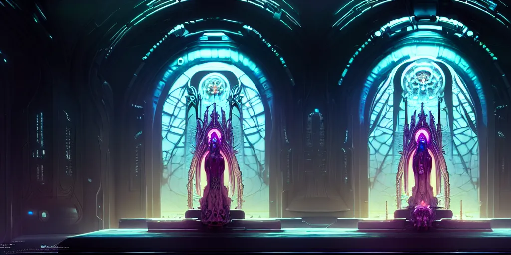 Image similar to ultra detailed female android deity, altar, futuristic gothic environment, ethereal flowerpunk, scifi, fantasy, cyberpunk, octane render, megalopolis, unreal engine, asymmetrical!!! intricate concept art, triadic color, art by artgerm and wlop and giger and greg rutkowski and alphonse mucha, 8 k