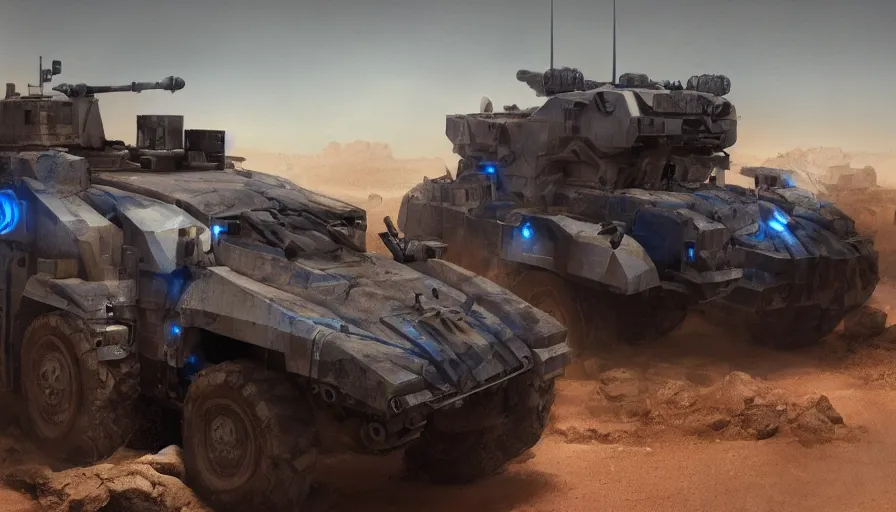 Image similar to an image of an armored vehicle in the desert with blue headlights on by Paul Chadeisson, atmospherical, concept art, high detail, intimidating , cinematic, Artstation trending, octane render