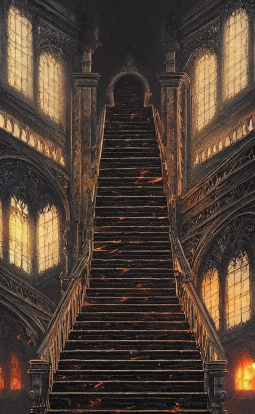 Image similar to stairs from hell to heaven, flames, heavens, paradise, fantasy, hell, beautiful, intricate detail, intricate, epic, vast, digital painting by greg rutkowski, artstation, very detailed, cinematic lighting, concept art