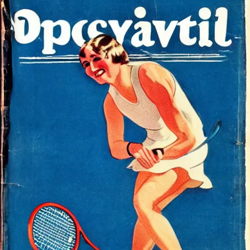 Image similar to a 1 9 2 8 cover of a quality magazine. happy, healthy, beautiful, smiling, young, sporty, glowing woman in decent athletic wear playing tennis. hyper - realistic detailed color drawing