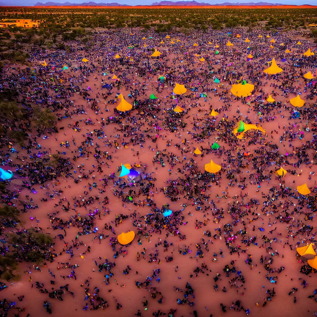 Prompt: festival dancefloor in the desert, clean, celebration, party, night time australian outback, parks, recreation, village, high technology, biomimetic, urban planning, XF IQ4, 150MP, 50mm, F1.4, ISO 200, 1/160s, sunset