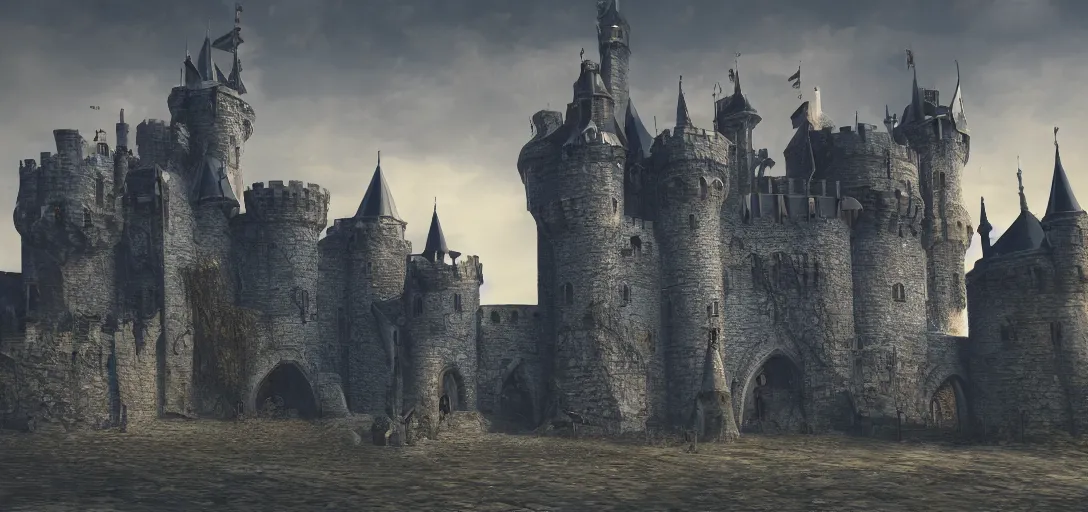 Image similar to A digital concept art painting of a dark blue medieval fantasy european ghotic castle with black brick in desert, 4K UHD image, unreal engine