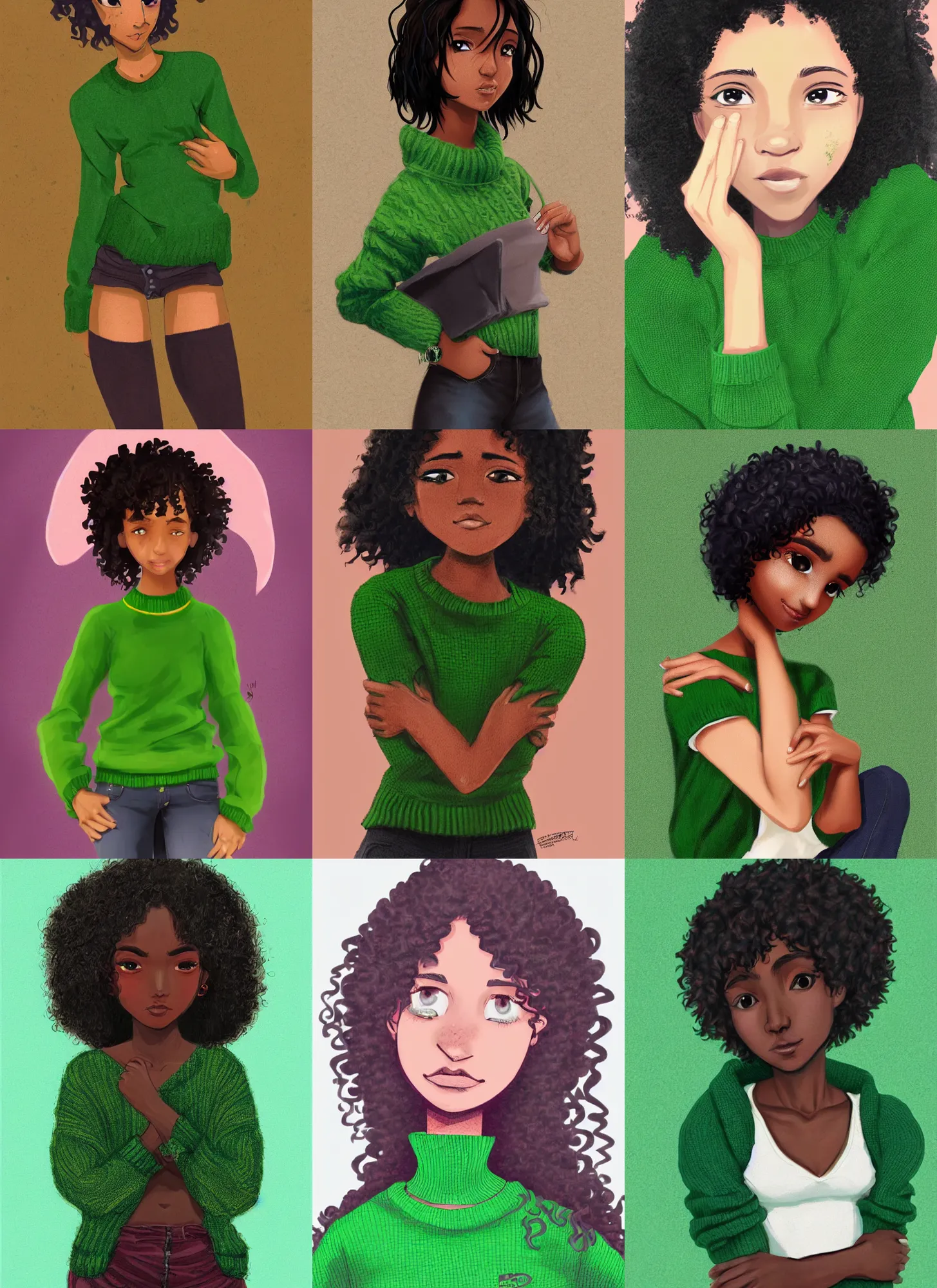 Prompt: a shy dark skinned brazilian girl blushing, cute, black curly hair, wearing a green sweater with the male symbol on it, digital art, artstation, smooth