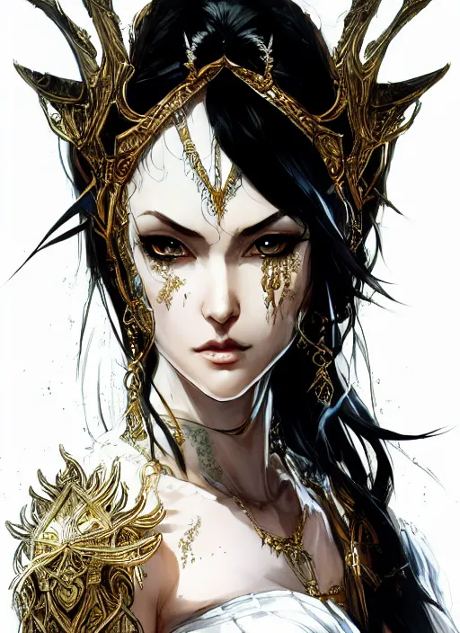 Prompt: Half body portrait of a beautiful elven priestess with long straight black hair wearing ornate white and gold robe. In style of Yoji Shinkawa and Hyung-tae Kim, trending on ArtStation, dark fantasy, great composition, concept art, highly detailed, dynamic pose.