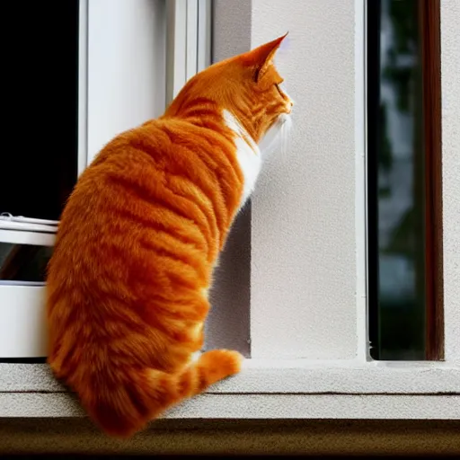 Prompt: a ginger cat with a white chest and paws, yawning and stretching on a windowsill.