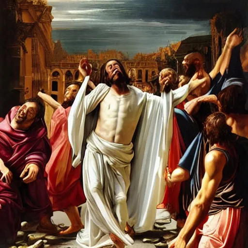 Prompt: jesus christ in a white robe strikes a dramatic dance pose on dead laughing bodies in streets of an apocalyptic metropolis destroyed after war, fantasy art, dramatic lighting, insane details ; renaissance painting