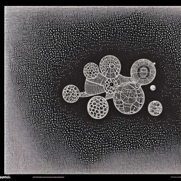 Prompt: ! dream a black and white drawing of a space station filled with equipment, a microscopic photo by ernst haeckel, zbrush central, kinetic pointillism, bioluminescence, intricate patterns, photoillustration