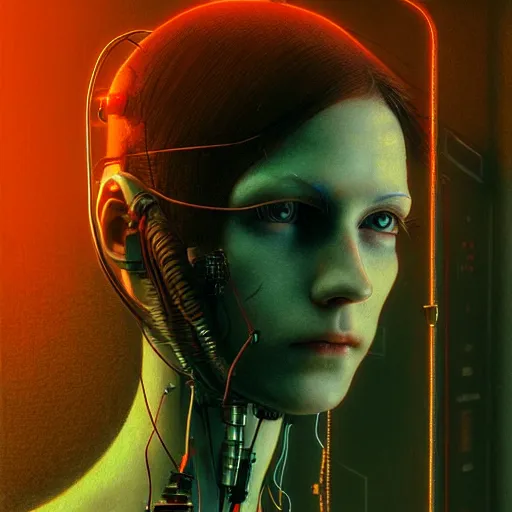 Prompt: female cyberpunk, wires, machines digital diplays, by waterhouse, by beksinski, high quality, facing camera, photorealistic, highly detailed, haunting, occult, extremely detailed, intricate, octane render, red light, blue light