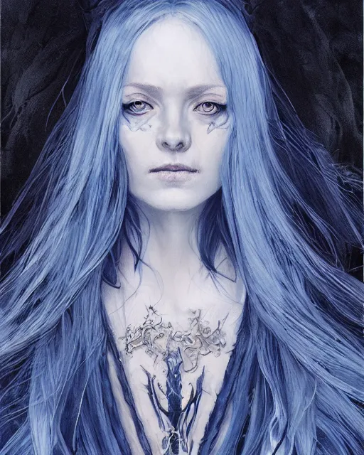 Prompt: portrait of a ranni the witch from elden ring, blue hair, elegant, beautiful, mesmerizing, concept art, highly detailed, artstation, behance, deviantart, trending, ayami kojima, shinichi sakamoto, kaoru mori