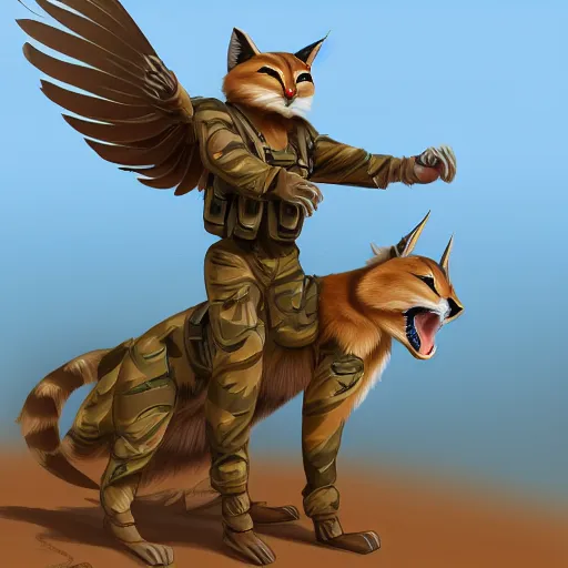 Image similar to very very beautiful avian furry art, male cute caracal wearing desert camo combat uniform, outstretched wings, commission on furaffinity, highly detailed digital art