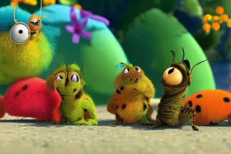 Image similar to disney pixar's a bug's life, cgi caterpillar colorful, furry caterpillar