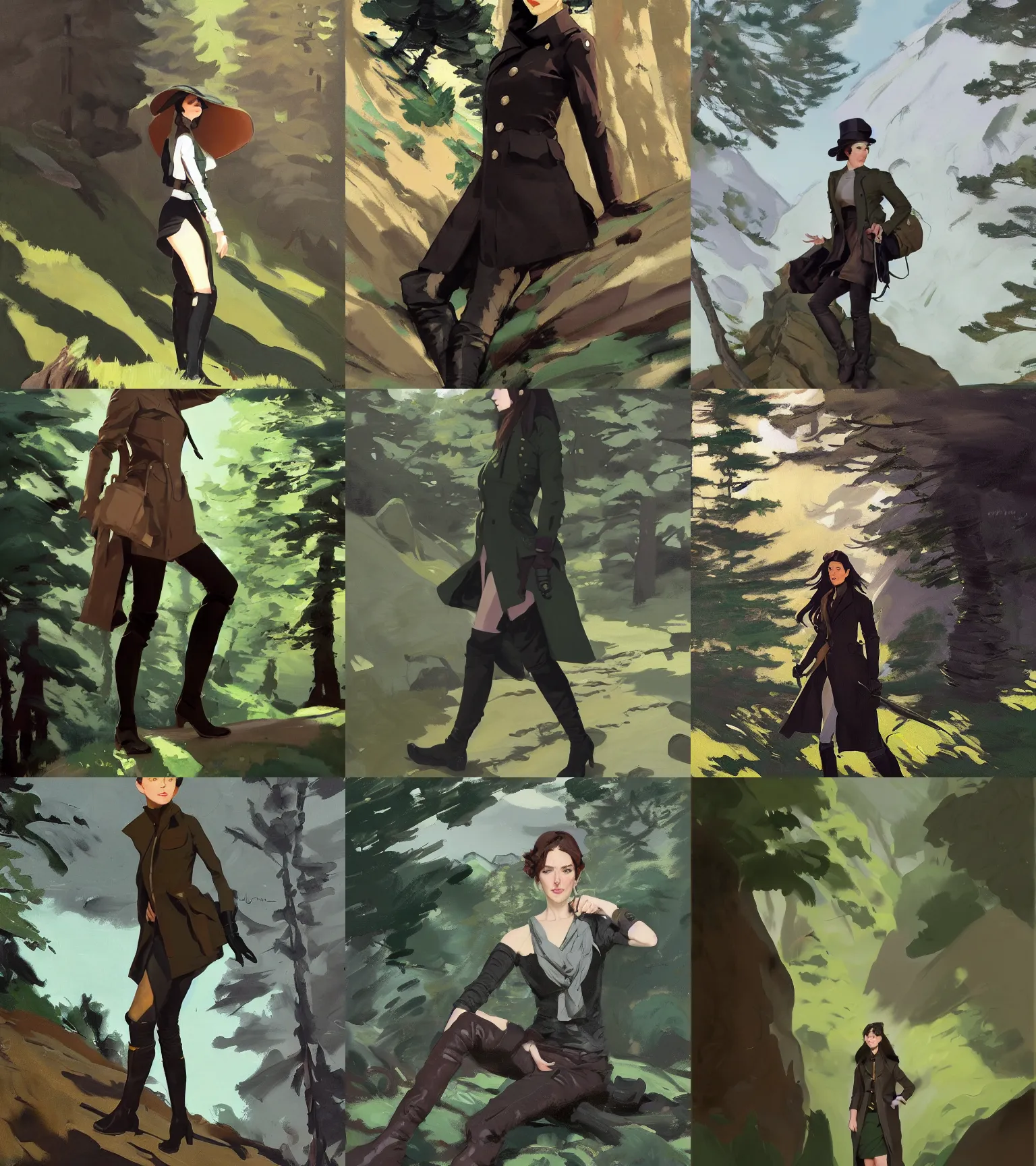 Prompt: black green brown cloth fabric jodhpurs knee high boots travel coat fashion, solo hiking in mountains trees, greg manchess painting by sargent and leyendecker, studio ghibli, fantasy, asymmetrical, intricate, elegant, matte painting, illustration, hearthstone, by greg rutkowski, by greg tocchini, by james gilleard, by joe fenton