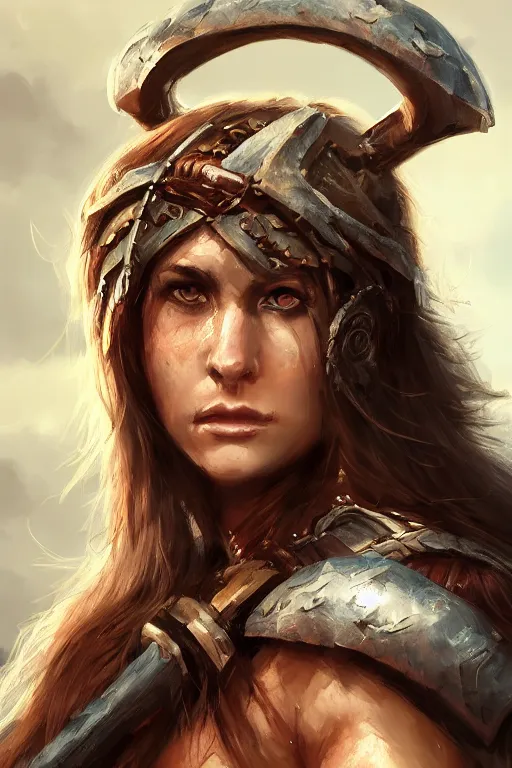 Image similar to head and shoulders focus portrait of a barbarian female high quality focus by wlop and rosstran