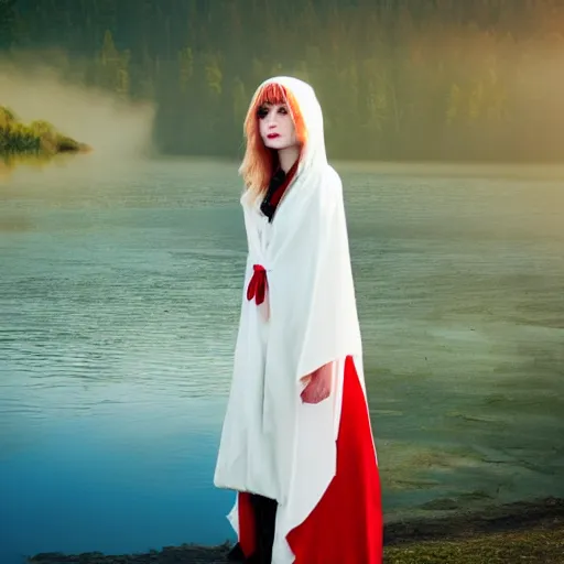 Image similar to beautiful lady with white long hair and dressed with a red victorian cloak, standing in a lake, mist, morning light, photorealistic