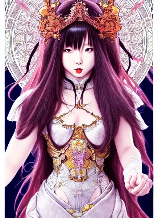 Image similar to highly detailed artgerm artstation minaba hideo fantastic fate katsuhiro otomo manga poster of princess mechine, minaba hideo,, long hair, armor, dress, laces, ruffles, 8 k, fluorescent, maximalist, jump comics, art nouveau, alphonse mucha