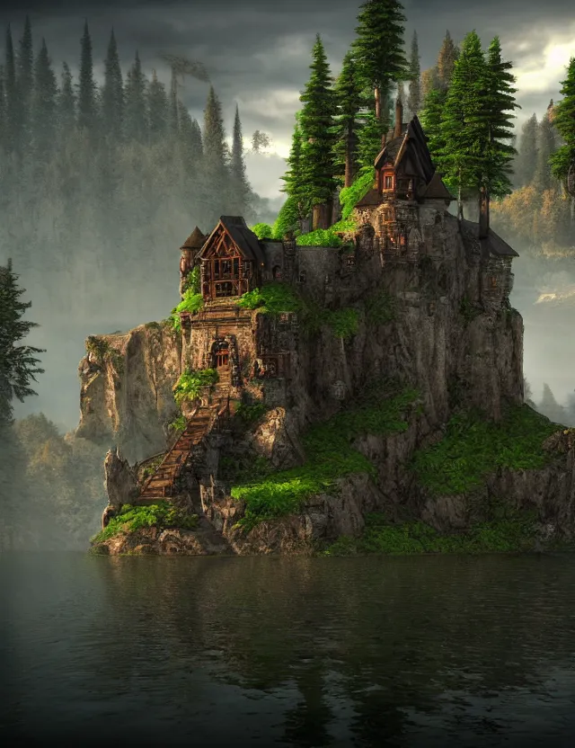 Prompt: unreal engine, tony s art, castle, forest, lake, energy