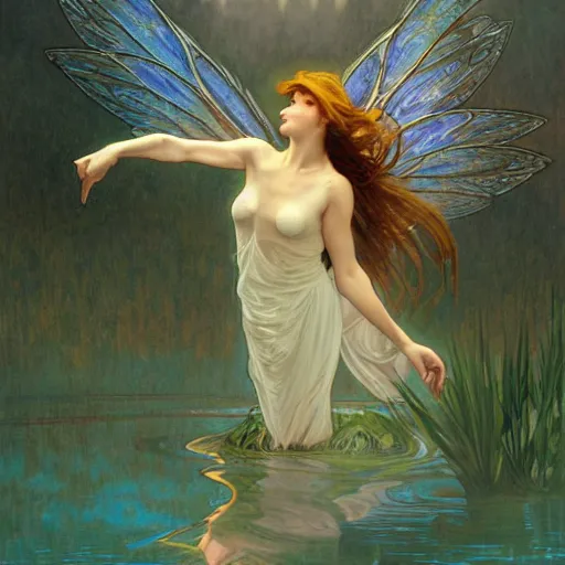 Image similar to Dark fantasy fairy flying over a lake, concept art, fantasy, award-winning art, 4k, sharp, dramatic lighting, cinematic, by Alphonse Mucha, James Gurney