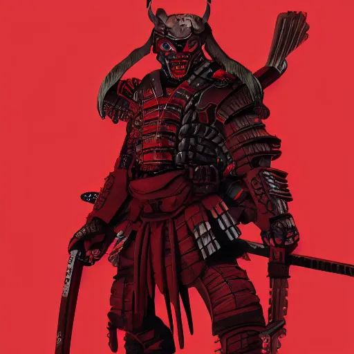 Image similar to a vivid portrait of a predator samurai, trending on artstation, scary, intimidating, dark, unreal engine, studio lighting, black and red color scheme