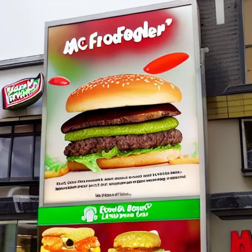 Prompt: advertisement for a mcfrog, a new frog burger from mcdonalds