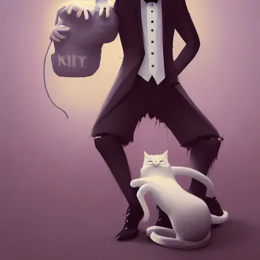 Image similar to cute fashion vogue kittycat man man wearing a cat costume wearing a tuxedo ripped physique gerald brom bastien grivet greg rutkowski portrait