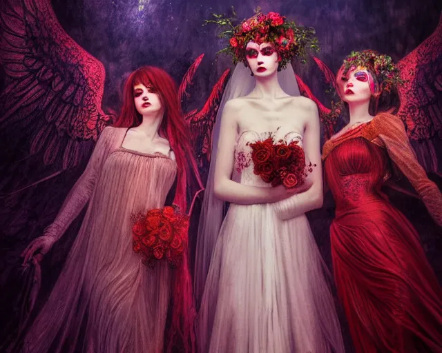 Image similar to three stunning otherworldly gothic goddesses with beautiful angelic faces, wearing psychedelic wicca, in wedding dresses, red neon roses, full body, dark and mysterious, atmospheric, ominous, eerie, cinematic light, epic, 8 k 3 d, ultra detail, ultra realistic, by wlop, by mucha