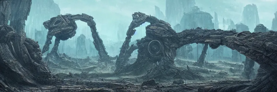 Image similar to Dystopian alien landscape, mysterious technology partially reclaimed by nature, strange formations, metal and stone trending on artstation by Efgeni Bischoff