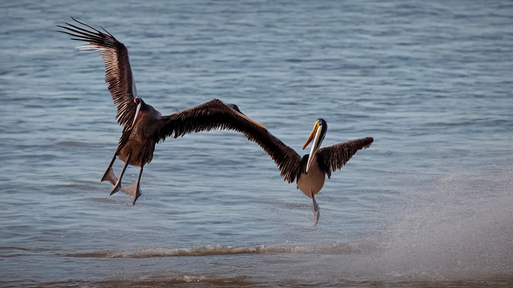 Prompt: wildlife photography, a brown pelican, gliding across the beach front on Stewart beach Galveston at sunset, award winning photography