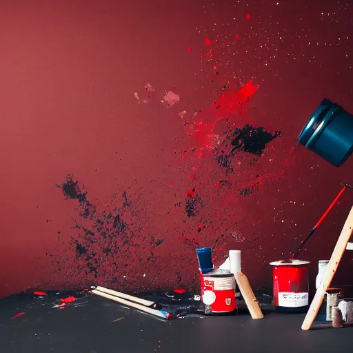 Image similar to a studio photography set, there is a red bucket of paint in the middle of the frame and it has exploded, there is paint EVERYWHERE