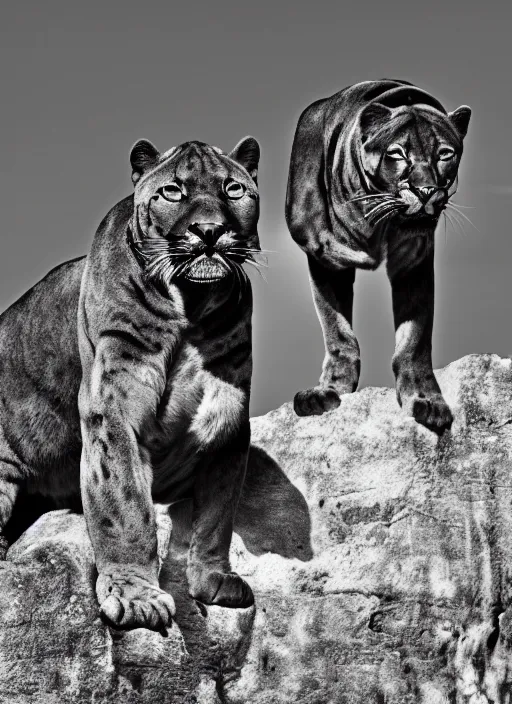 Image similar to two panther black and white portrait white sky in background