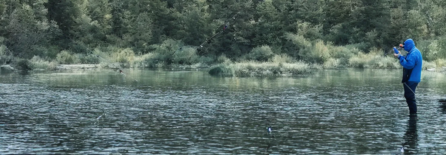 Image similar to flux pavilion fishing for trout in a beautiful lake, cinematic composition, sharp focus, highly detailed, blue hair