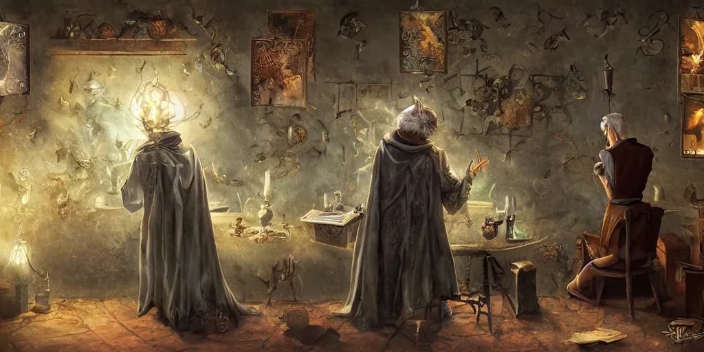 Image similar to back shot of wizened aristocrat examining the mysteries of tarot cards on a magical blackboard, fantasy art, matte painting, high quality, digital painting, artwork by tony sart