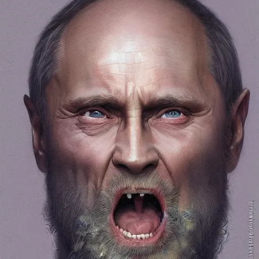 Image similar to vladimir putin, putin is bald caveman, vladimir putin awe face, toothless macabre face, by donato giancola and greg rutkowski and wayne barlow and zdzisław beksinski, realistic face, digital art