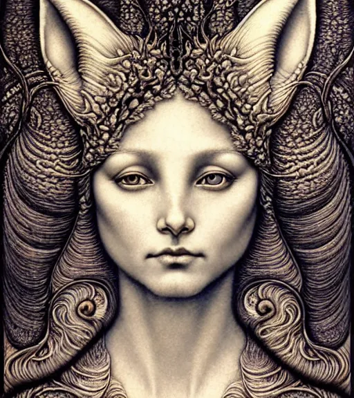 Prompt: detailed realistic beautiful fennec goddess face portrait by jean delville, gustave dore, iris van herpen and marco mazzoni, art forms of nature by ernst haeckel, art nouveau, symbolist, visionary, gothic, neo - gothic, pre - raphaelite, fractal lace, intricate alien botanicals, ai biodiversity, surreality, hyperdetailed ultrasharp octane render