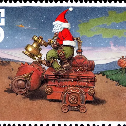 Image similar to steampunk orange mohawk Streetfighter Gnome Santa riding an intricate clockwork gearwork automaton golem vehicle traveling stamp postcard winslow homer craig j. spearing thomas eakins