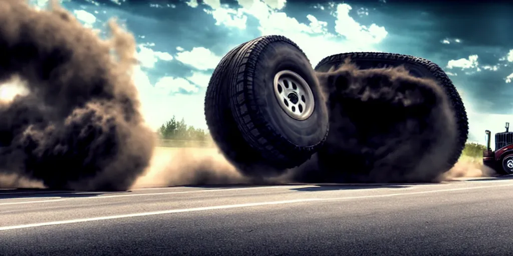 Prompt: A huge truck tire monster is rolling down the village destroying everything on its way. Dramatic, cinematic shot