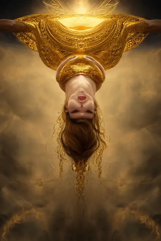 Prompt: Hyper realistic portrait of a goddess floating in the middle of ancient sky, gold fluid simulation around her, Cinematic lighting, ultra super good realistic photography, symmetry, very intricate details, insanely detailed, trending on artstation, 8k