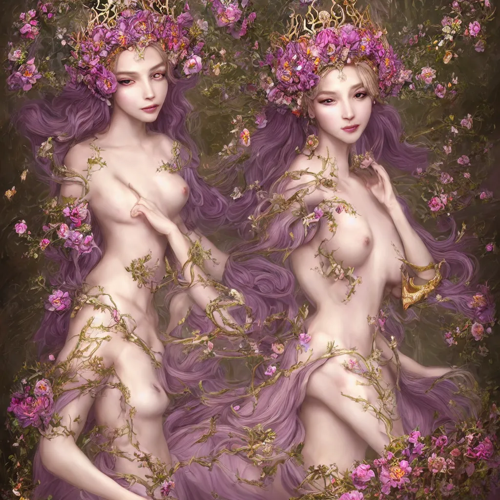 Image similar to A beautiful fantasy empress, highly detailed full body, just one head, flower tiara, long hair, wearing dramatic aristocrat robe, delicate figure, field of fantasy flowers, foxes and deer, epic composition, ultra wide-shot, dynamic pose, concept art, dramatic lighting, digital painting, smooth, character design, ((sharp focus)), elegant, intricate, artstation, by WLOP and James Jean and Victo Ngai