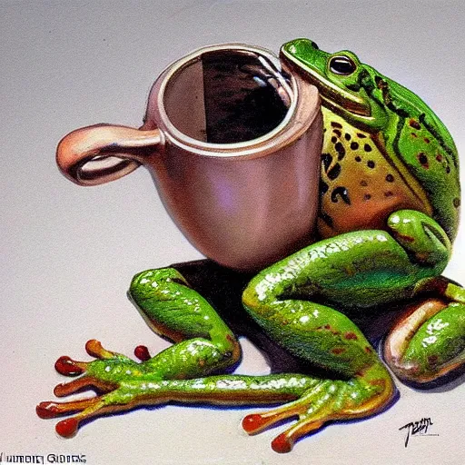 Image similar to 🐸 drinking ☕ by james gurney.