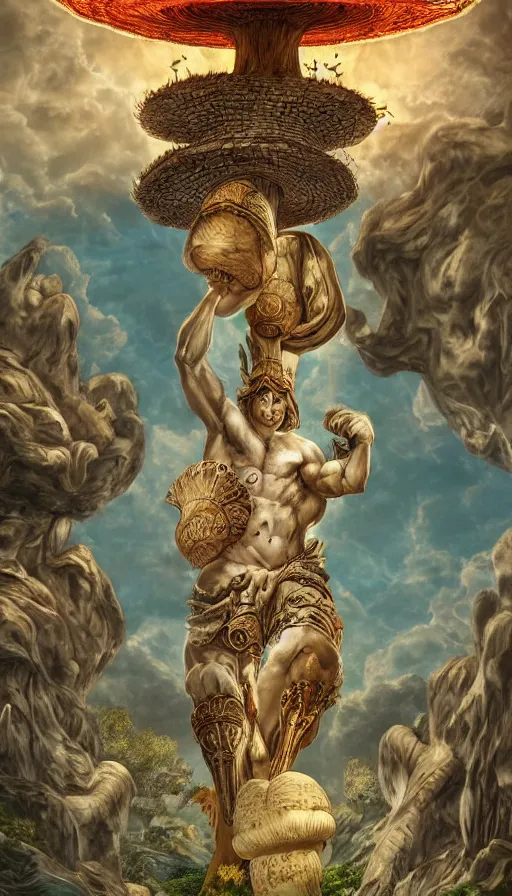 Image similar to a masterpiece hyperdetailed dnd tarot card, magnificent mushroom deity as depicted in a colossal greek marble statue ( with godlike perfect bodybuilder physique ), hd tarot card depicting monumental statue of a noble mushroom god with cute large mushroom hat, hdr, 8 k, artstationhq, digital art