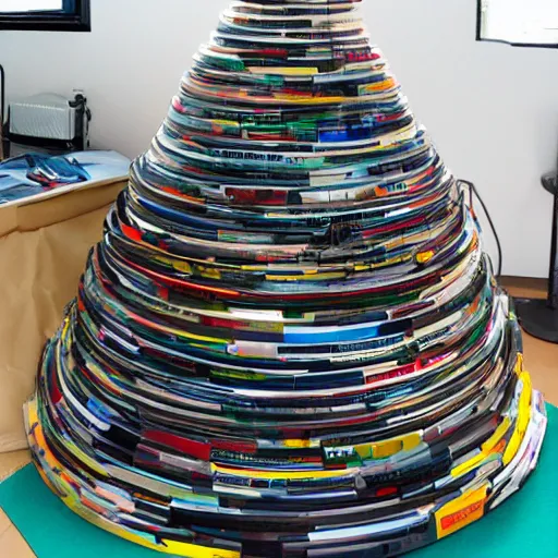 Image similar to tower of babel but it is made from 12 inch vinyl LPs