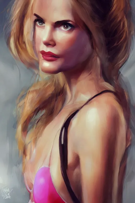 Image similar to mix of beautiful young maria shriver, mariel hemmingway, brooke shields, nicole kidman and elle macpherson as a young bikini model, thin lips, hair tied up in a pony tail, dark blonde hair, colorful, artstation, cgsociety